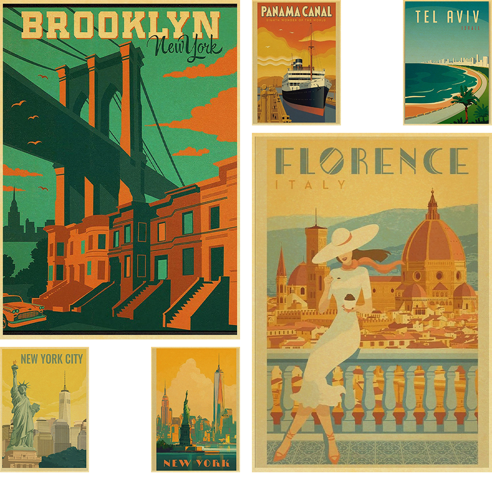 Affiche de Ville Touristique de Dessin Animé, Affiche de New York Minimaliste, Peinture Artistique Rétro en Papier Kraft, Décoration Murale pour la Maison, la Chambre, le Bar n° 1