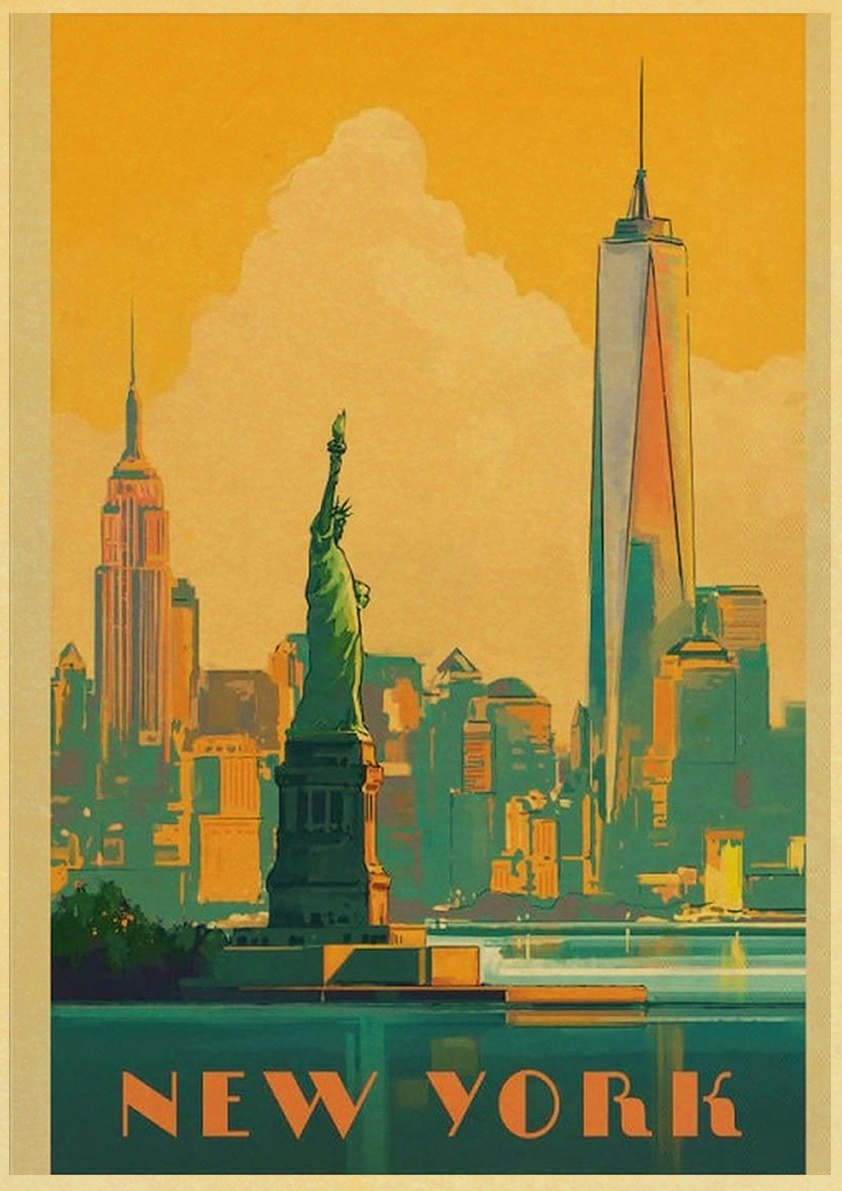 Affiche de Ville Touristique de Dessin Animé, Affiche de New York Minimaliste, Peinture Artistique Rétro en Papier Kraft, Décoration Murale pour la Maison, la Chambre, le Bar n° 3