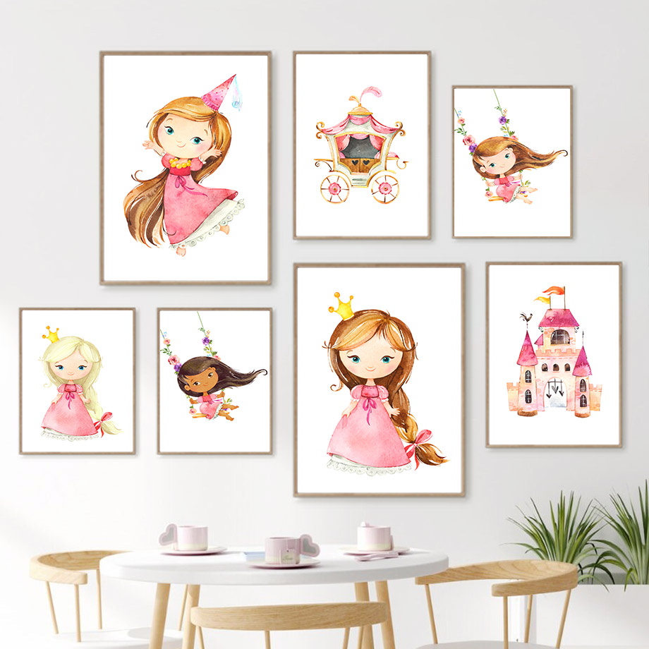 Affiches et Imprimés Nordiques de Dessin Animé, Bébé Fille, Princesse, Couronne, Château, Wing, Art Mural, Peinture sur Toile, Décor de Chambre d'Enfant n° 1