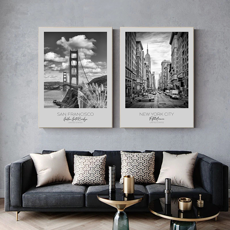 Peinture sur toile en noir et blanc, paysage de ville du monde, Paris, Londres, New York, affiche imprimée, style nordique, art mural, photo, décoration d'intérieur n° 4