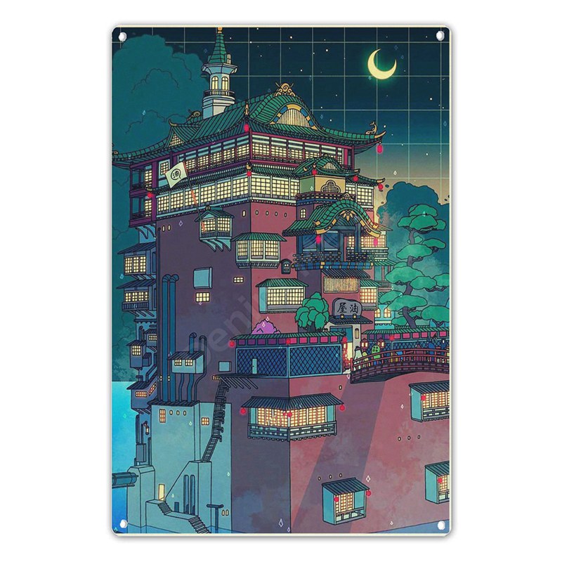 Affiche de signe en métal d'anime de style japonais vintage, autocollants muraux de paysage d'anime, décor à la maison et à la chambre, peinture de bande dessinée, cadeaux pour des enfants n° 2