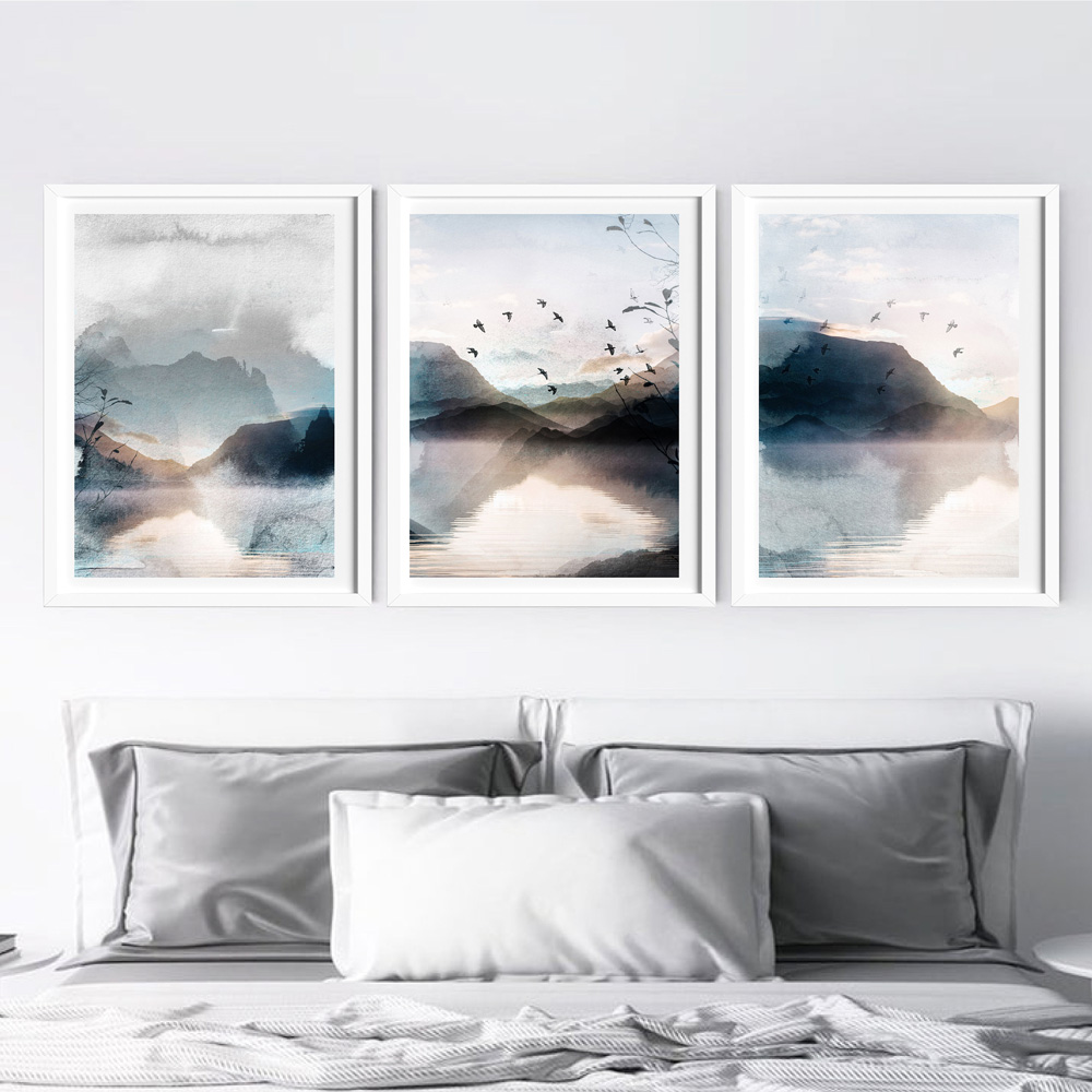 Ensemble de 3 affiches imprimées de paysage abstrait, toile d'art mural, aquarelle, bleu, gris, montagne, image d'oiseaux pour chambre à coucher, décoration d'intérieur n° 3