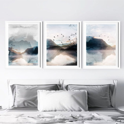 Ensemble de 3 affiches imprimées de paysage abstrait, toile d'art mural, aquarelle, bleu, gris, montagne, image d'oiseaux pour chambre à coucher, décoration d'intérieur small picture n° 3