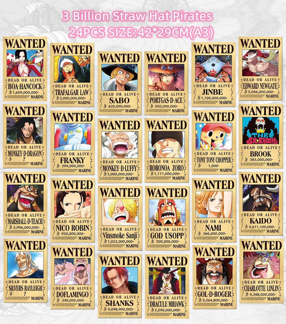 One Piece Luffy Gear 5 Wanted Poster, Jinbe, Nami, Chopper, C.Zoro, Sanji, Usopp, SABO, ACE, LAW, Autocollant Toy, 24 PCs/uno n° 2