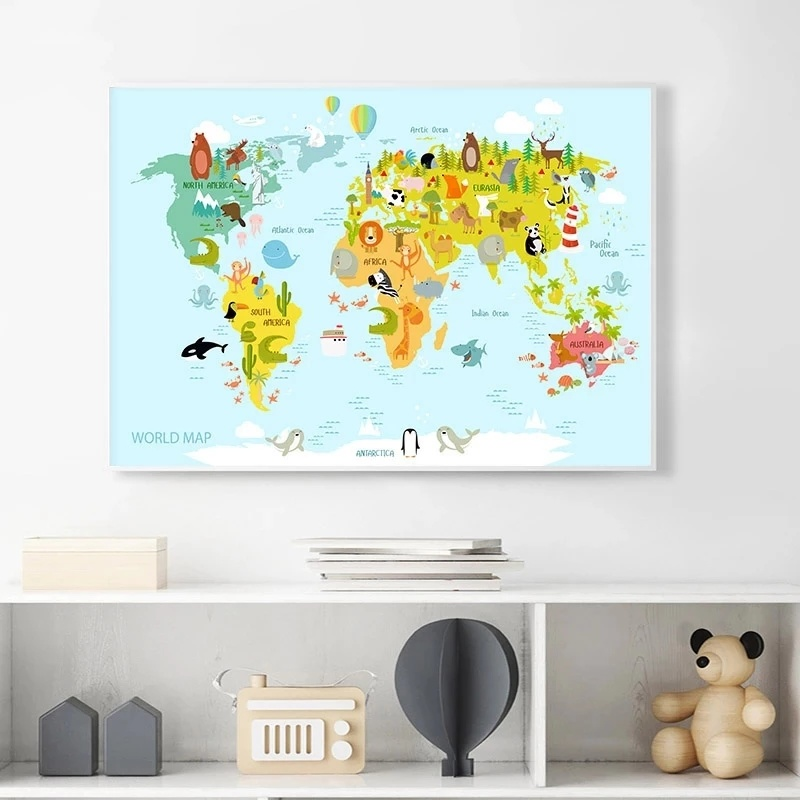 Affiche de carte du monde de pépinière, impressions d'animaux pastel, thème dos, toile, décor d'art mural, gérer la peinture pour la décoration de chambre d'enfants n° 4