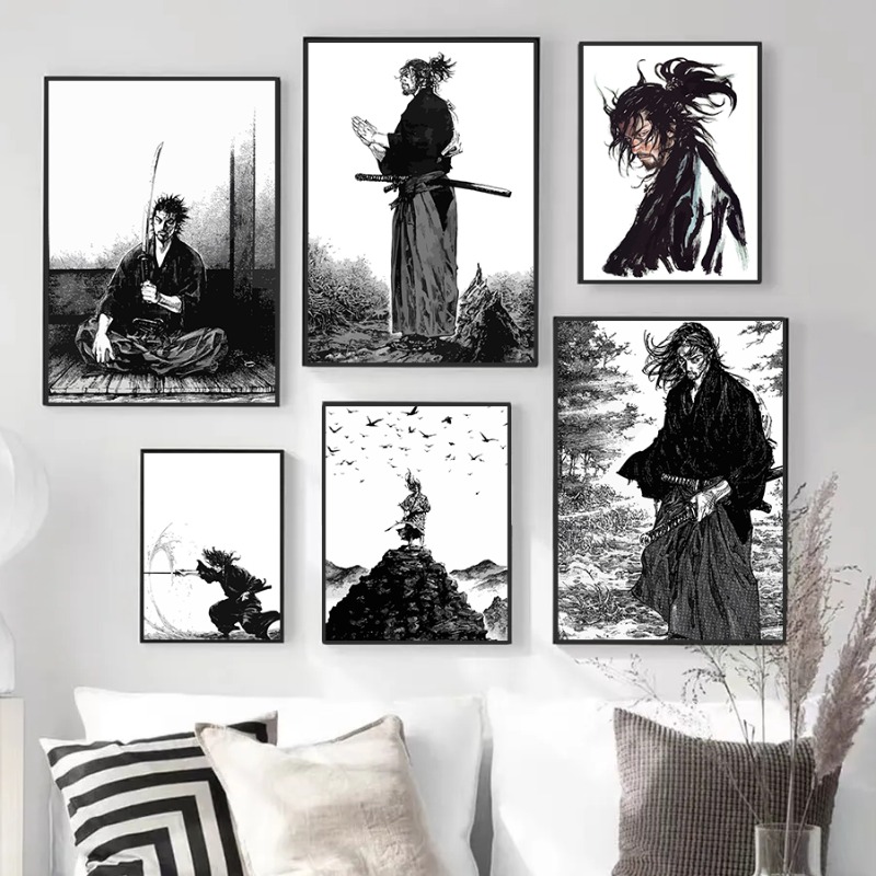 Affiches rétro en toile de samouraï japonais, Vagabond ata yamPain Musashi Inoue Takehiko Rick, impressions noires et blanches, décoration murale pour la maison n° 1