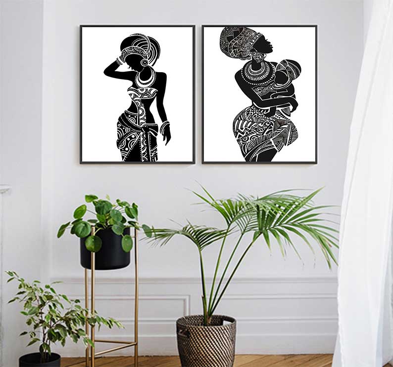 Belle femme africaine avec bébé pour chambre à coucher, art mural, peinture sur toile, image murale en noir et blanc, affiche imprimée, décoration d'intérieur n° 4