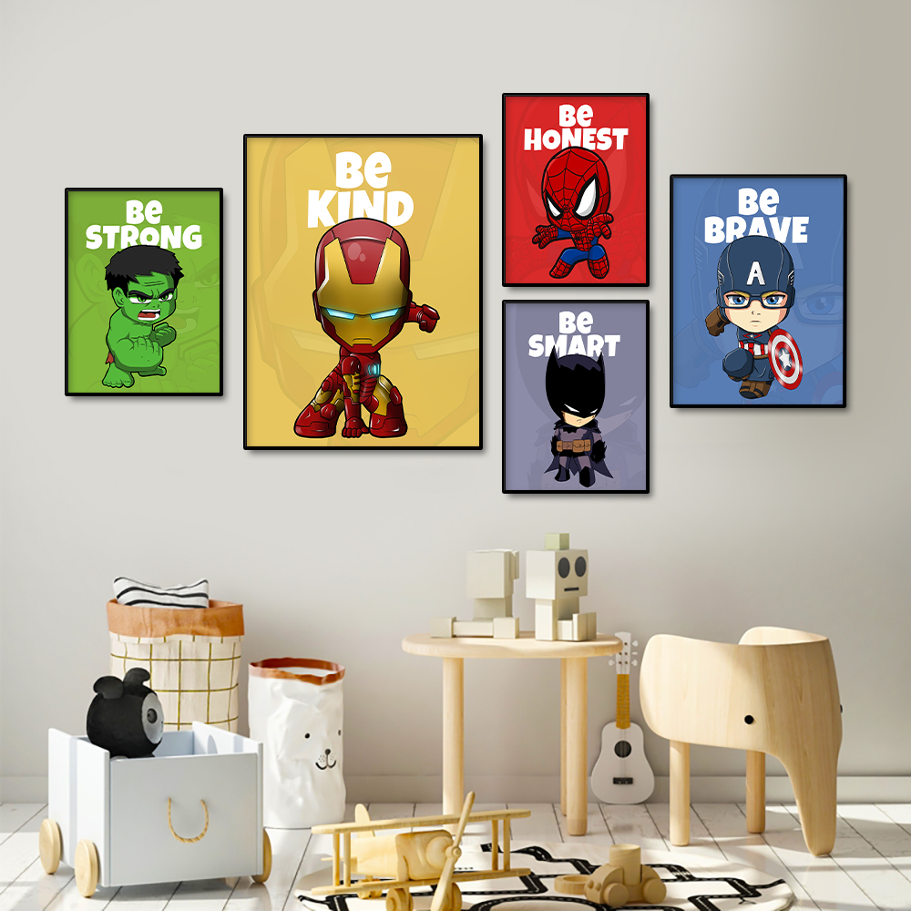 Affiche d'art mural Marvel, Spiderman, Iron Man, Avengers, Smile Hero, décoration de chambre d'enfant, peinture sur toile de dessin animé, impression d'image, illustration Disney n° 3