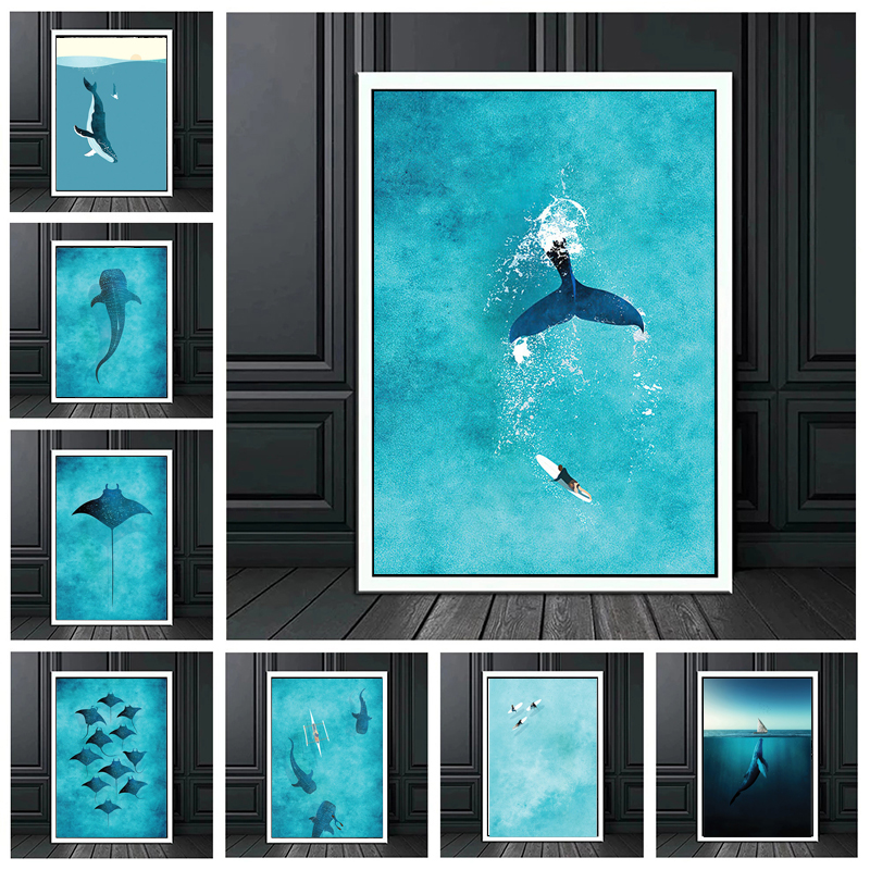 Toile d'Art Mural Nordique pour Décor de Chambre d'Enfant, Peinture de Baleine Bleue, Requin, Voile, Rayons, Surf, Mer, Affiches et Imprimés n° 1