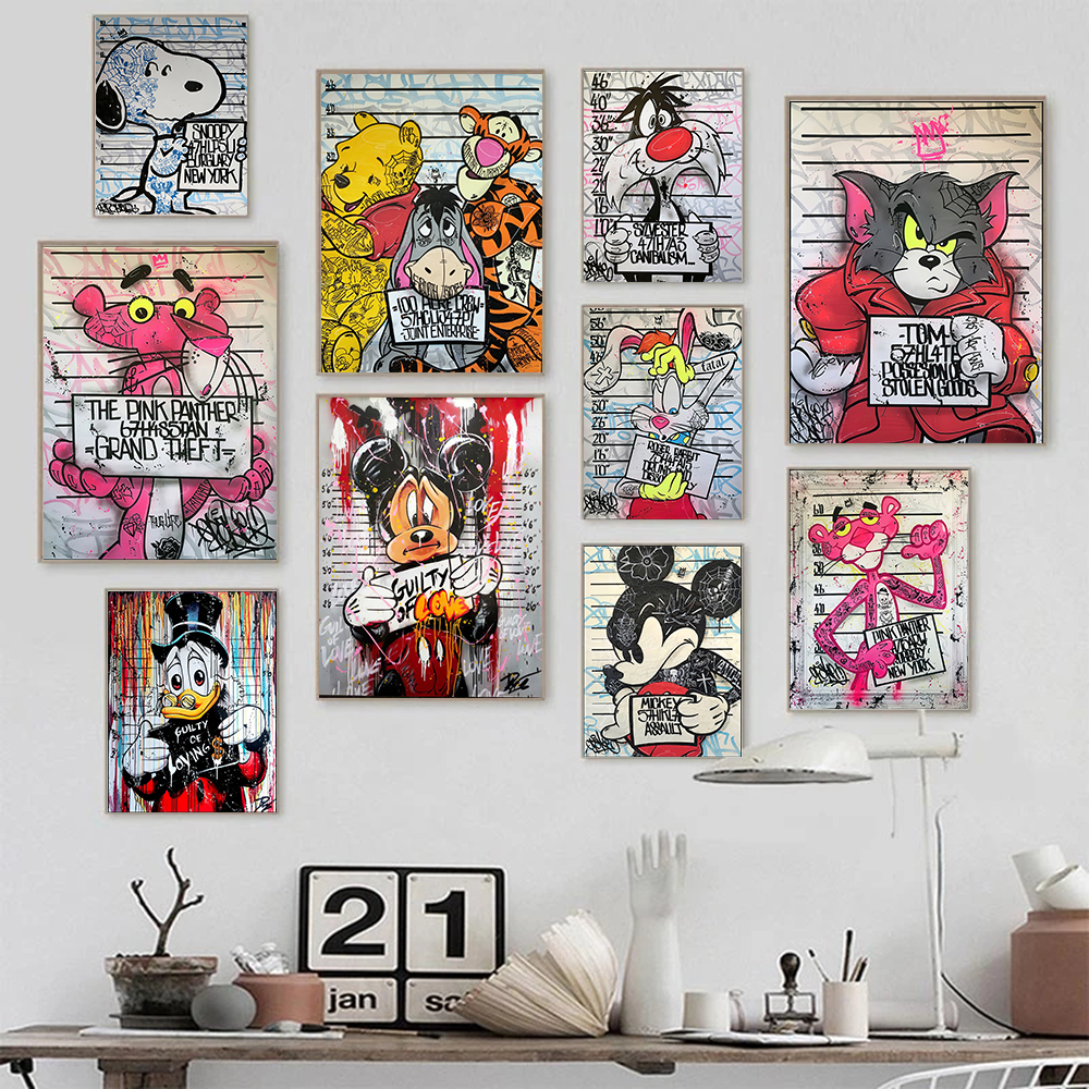 Affiches d'art mural de personnages de dessins animés Disney, graffiti, souris Donald Duck, peinture sur toile, image imprimée murale, décor de chambre à la maison n° 1