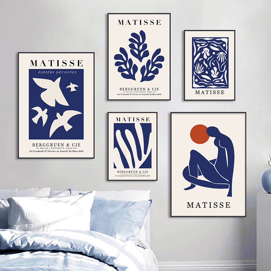 Affiches de peinture sur toile de Matisse, ligne florale abstraite bleue, image imprimée d'art mural, photo pour chambre à coucher, décoration intérieure de la maison, exposition n° 1