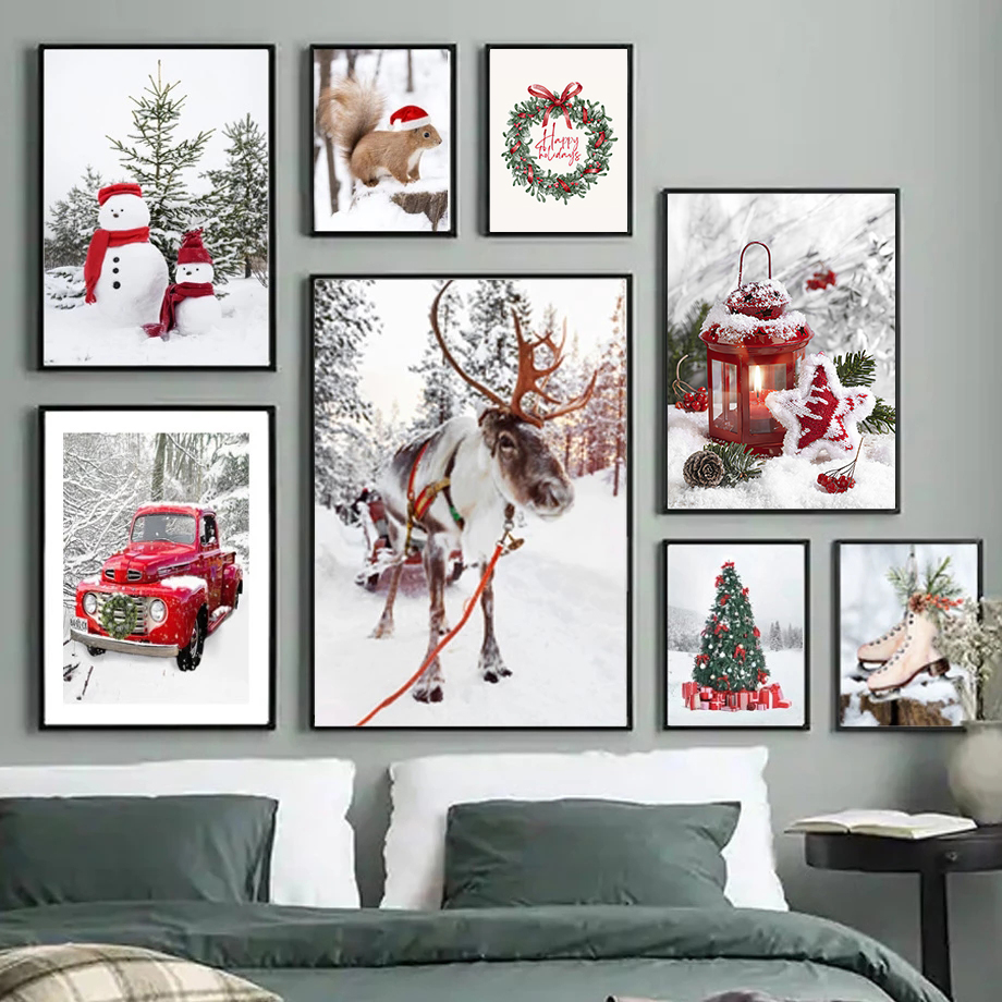 Peinture sur toile de paysage d'hiver pour la décoration intérieure, affiche et impression, art mural, voiture rouge enrichie, maison et arbre, cadeau de Noël n° 2