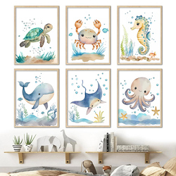 Toile d'Art Mural avec Baleine, Hippocampe et Tortue pour Chambre d'Enfant et Bébé, Affiche Imprimée small picture n° 1