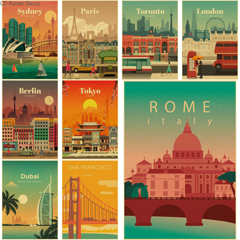 Affiche de Voyage des Villes du Monde, Rome, Sydney, Paris, Dubaï, Imprimés Rétro, Architecture de Repère, Vintage, Chambre, Art de la Maison, Décoration Murale, Peinture n° 1