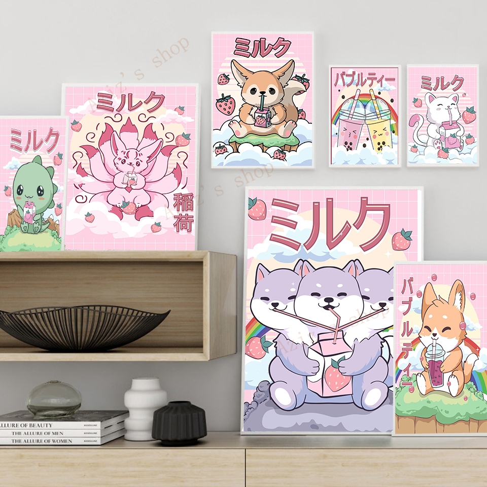 Affiches et impressions sur toile de dessin animé japonais, Ramen, Sushi, thé au lait, Harvey, animaux, personnalisé, décoration de cuisine, Kawaii n° 2