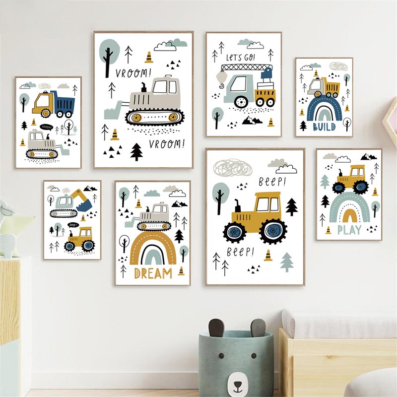 Affiche Murale de Dessin Animé Grue Ebtractor Camion, Peinture sur Toile, Impression Murale Nordique, Décor de Chambre d'Enfant, Garçons n° 1