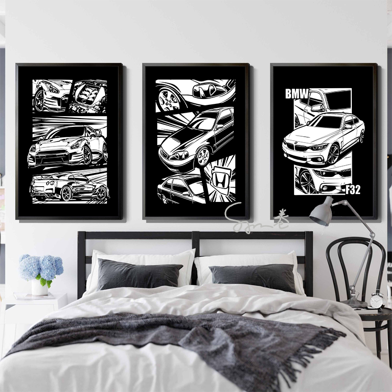 Affiche de toile de manga noir et blanc de voitures de JDM, décoration minimaliste de mur de pièce à la maison, décor d'art de mur de voiture d'horizon, esthétique n° 2