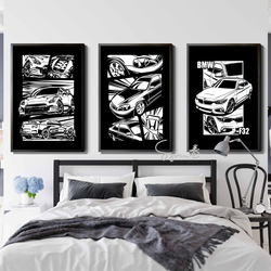 Affiche de toile de manga noir et blanc de voitures de JDM, décoration minimaliste de mur de pièce à la maison, décor d'art de mur de voiture d'horizon, esthétique small picture n° 2