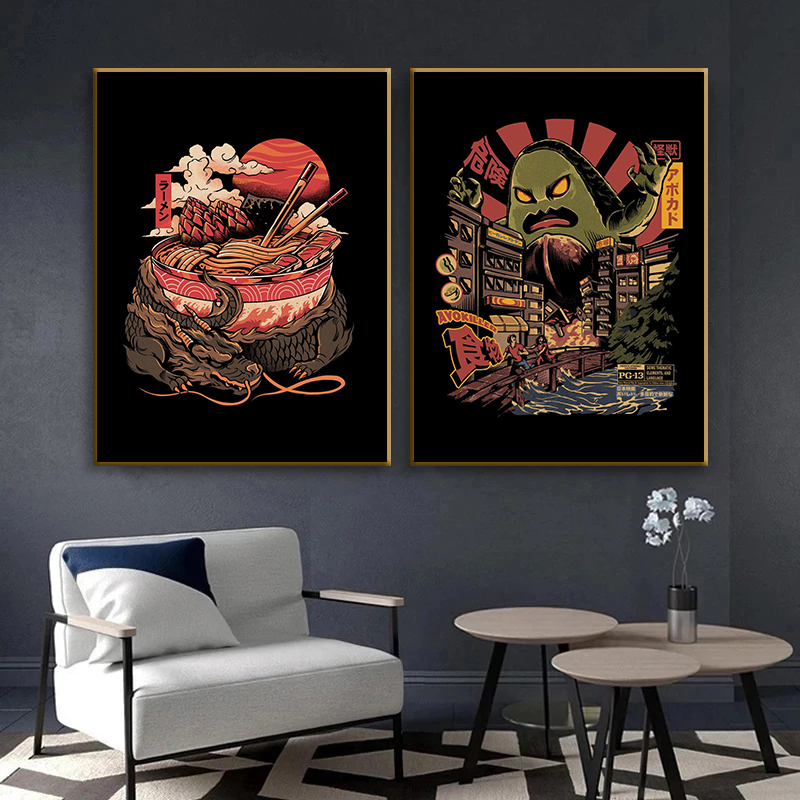 Affiches de peinture sur toile d'anime rétro japonais, sushi, hamburger, nouilles, art mural de qualité, chambre, cuisine, restaurant, décoration d'intérieur, photo n° 2