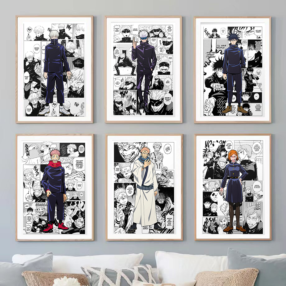 Pop Retro Anime Figure Jujutsu Kaimmense Poster Set, Gojo Yuji Poster, Black and White Canvas Print, Manga Wall Art, Kawaii Room Decor n° 1