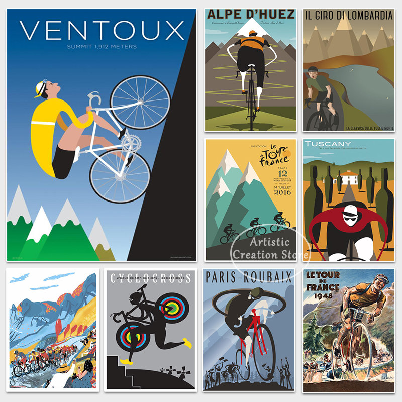 Affiche de vélo classique Tour de France, imprimés d'art rétro, peinture sur toile, décoration minimaliste de salon, images murales de maison n° 1