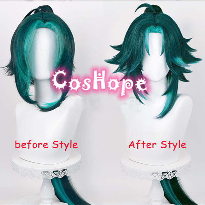 Genshin Impact Xiao Cosplay Perruque, Cheveux Longs, Queue de Cheval, Perruque Mixte Verte, Perruques Anime Cosplay, Perruque Synthétique, Degré de Chaleur, 100cm n° 2