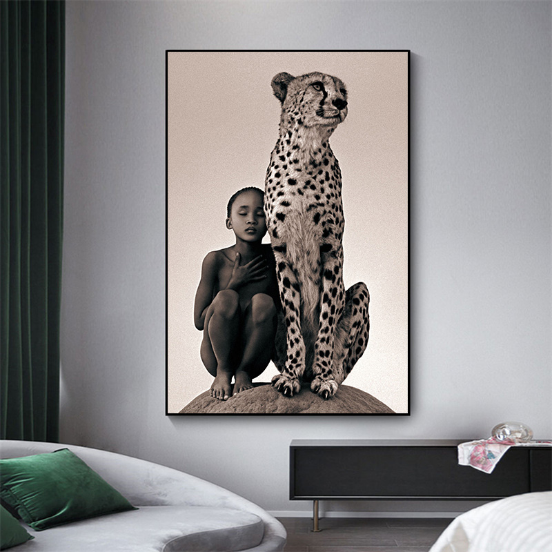 Peinture sur toile avec animaux sauvages africains, garçon et guépard, affiches et impressions modernes, art mural, image pour salon, décoration d'intérieur n° 4