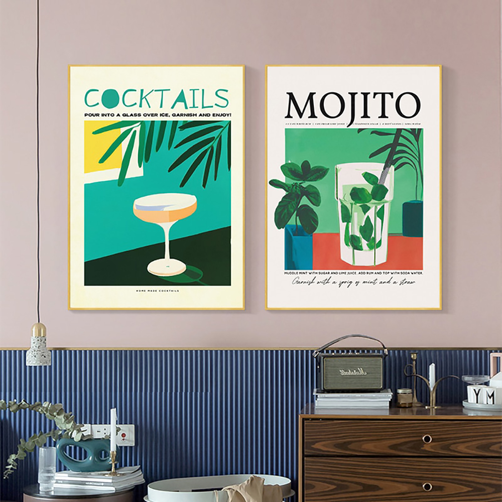 Affiches imprimées de dessin animé pour la décoration de la maison, jus de fruits, Mojito, Aperol, Spritz, Sangria Clics, Negroni, peinture sur toile, club, bar, boutique n° 3