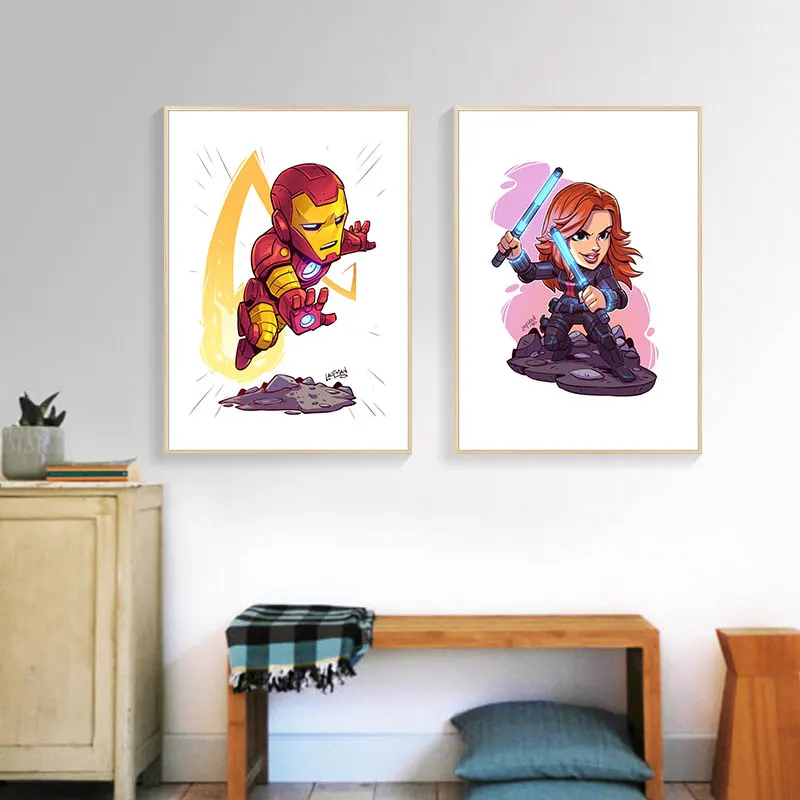 Affiche d'art Marvel Avengers, peinture sur toile aquarelle de dessin animé, Thor, Iron Man, image MEDK, peinture murale mignonne pour la décoration de la chambre de bébé n° 3