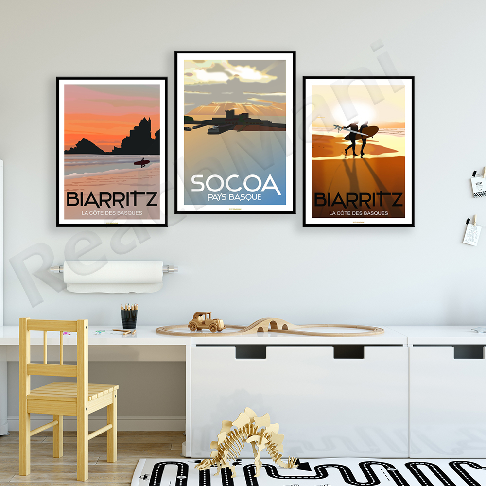 Affiche de surf pour les surfeurs, Fort Sokoya, Pays Basque, BIARRITZ Surfing - Côte des Basques, Affiche cadeau n° 2