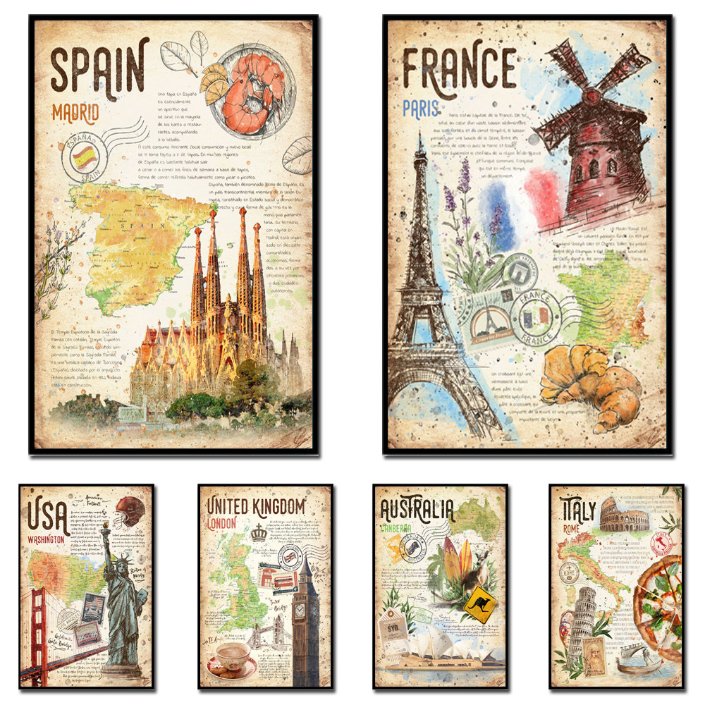 Affiches et impressions rétro de voyage du monde, divers pays, paysage, culture alimentaire, toile d'art, Espagne, France, Italie, peinture murale, décor n° 1