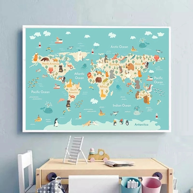 Affiche de carte du monde de pépinière, impressions d'animaux pastel, thème dos, toile, décor d'art mural, gérer la peinture pour la décoration de chambre d'enfants n° 5