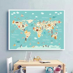 Affiche de carte du monde de pépinière, impressions d'animaux pastel, thème dos, toile, décor d'art mural, gérer la peinture pour la décoration de chambre d'enfants small picture n° 5