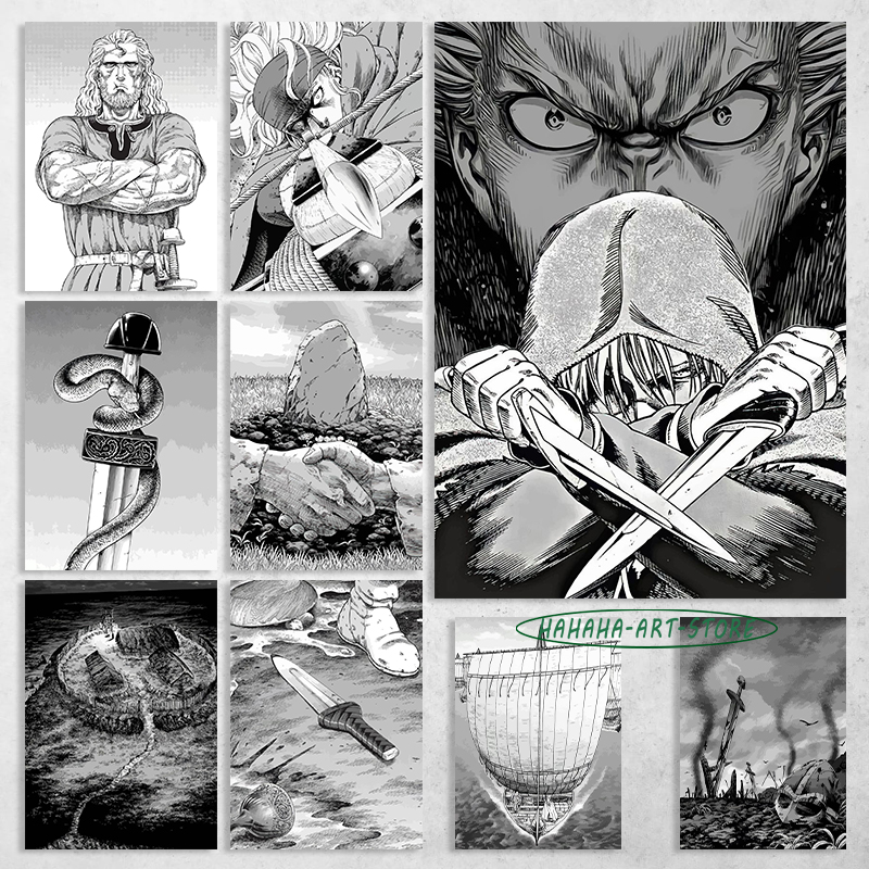 Affiche de toile de manga japonais en noir et blanc, saga de Vinland, impression d'art, décor de mur, décor de pièce d'anime n° 1