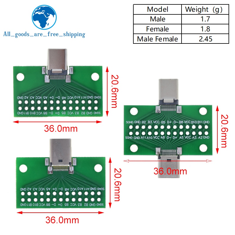 Adaptateur de carte PCB de test USB 3.1, prise de connecteur pour transfert de câble de ligne de données, type C 24P, mâle à femelle, 2.54mm n° 6