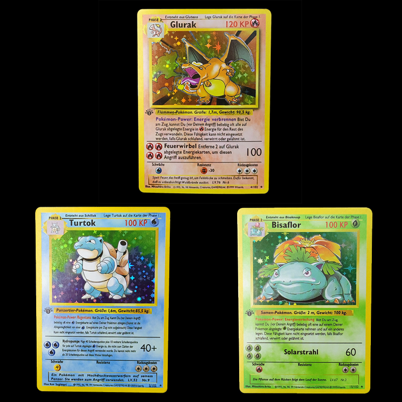 Pokémon German Flash Cards, Glurak, Turtok, Bisaflor, Jeu de cartes de collection, DIY, 1996 ans n° 1