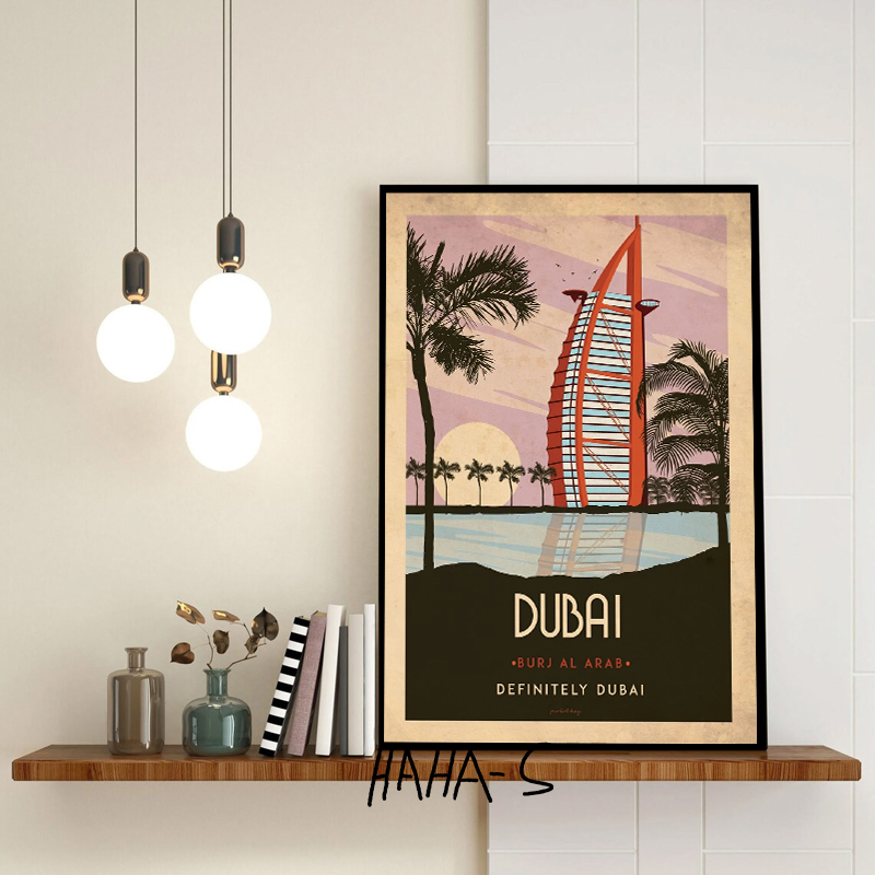 Vintage City Travel Poster Canvas Printing, Landmark importer, Wall Decor, Los Angeles, Dubai, London, Retro Style n° 4