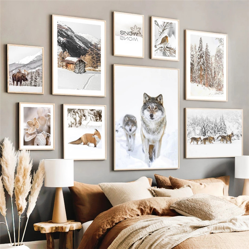 Peinture sur toile de paysage de neige de nature d'hiver, affiche et impressions d'animaux d'oiseau et de loup, art de mur, décoration de Noël, décor à la maison de vacances n° 1