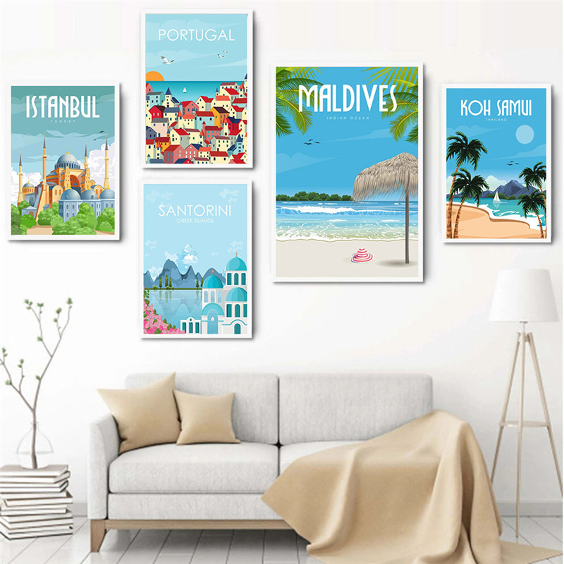 Peinture sur toile de è de Paris, Japon, Portugal, Maldives, Îles Grecques de Santorin, Italie, Affiche, Décor de chambre à la maison, France, Voyage n° 3