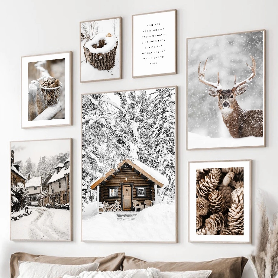 Peinture sur toile de paysage d'hiver pour la décoration intérieure, affiche et impression, art mural, moderne, blanc, neige, wapiti, bois, enrichi, salon n° 2