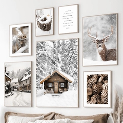 Peinture sur toile de paysage d'hiver pour la décoration intérieure, affiche et impression, art mural, moderne, blanc, neige, wapiti, bois, enrichi, salon small picture n° 2