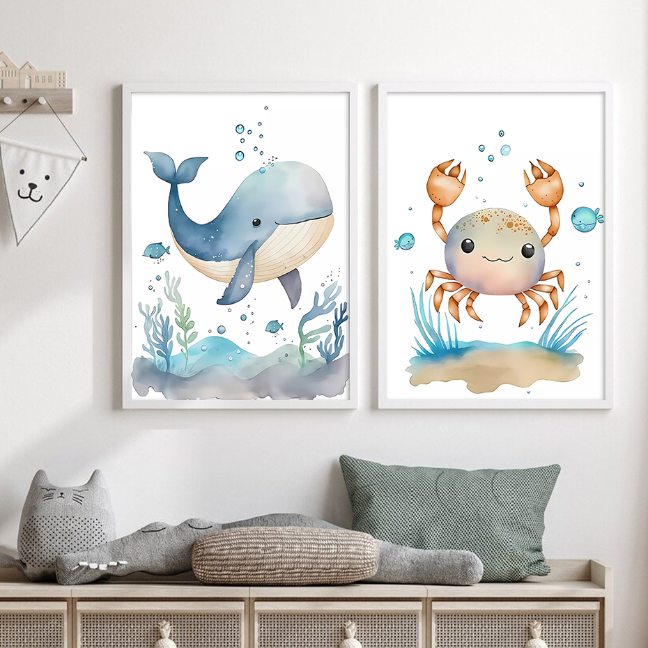 Toile d'Art Mural avec Baleine, Hippocampe et Tortue pour Chambre d'Enfant et Bébé, Affiche Imprimée n° 4