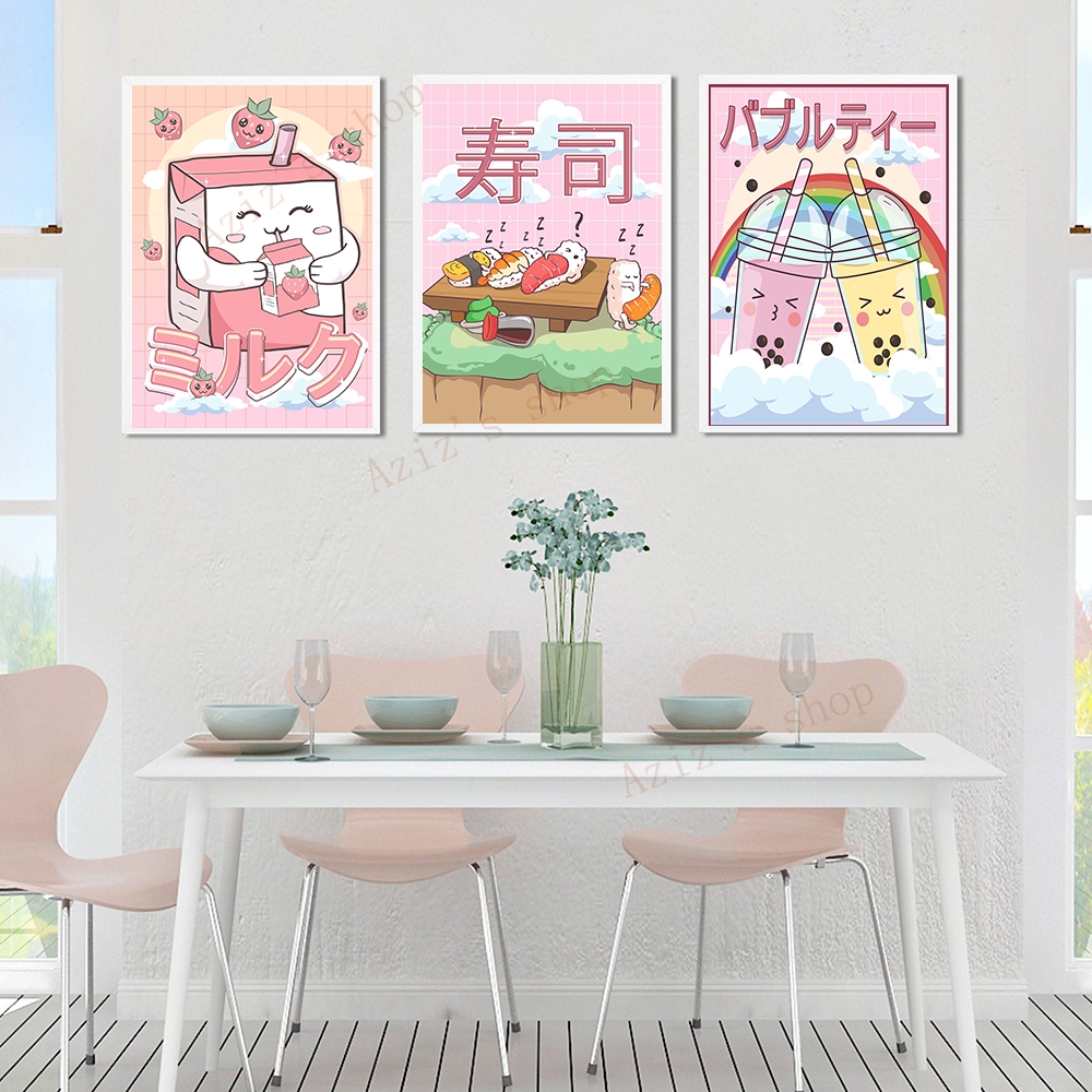 Affiches et impressions sur toile de dessin animé japonais, Ramen, Sushi, thé au lait, Harvey, animaux, personnalisé, décoration de cuisine, Kawaii n° 4