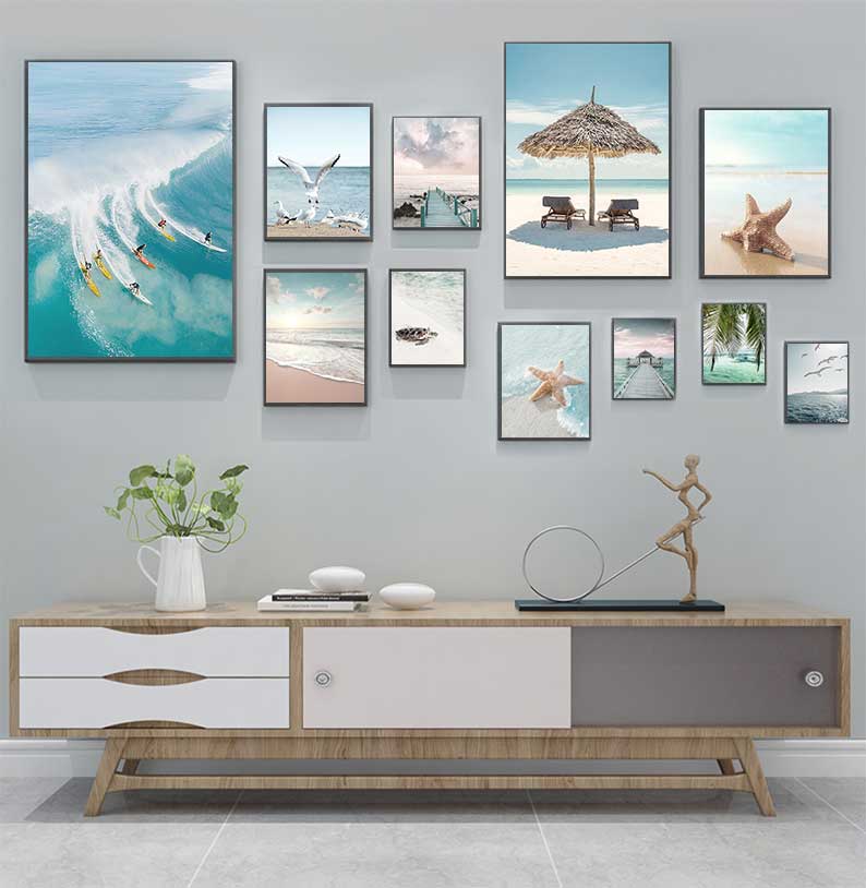 Affiche d'art mural en toile pour la décoration de la maison, image d'été vibrante, plage, mer, océan, pont, feuilles, tortue, hydro-marin, peinture d'impression nordique n° 1