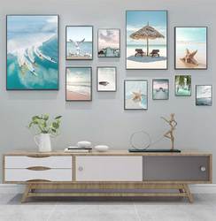 Affiche d'art mural en toile pour la décoration de la maison, image d'été vibrante, plage, mer, océan, pont, feuilles, tortue, hydro-marin, peinture d'impression nordique small picture n° 1