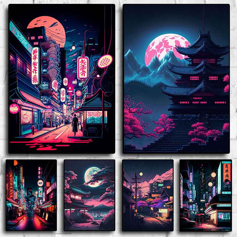 Pop Neon Vaporwave Japon TakCity Night Street Poster, Esthétique des années 80, Paysage Naturel, Arbre, Impression sur Toile, Art Mural, Décor de Chambre n° 1