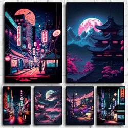 Pop Neon Vaporwave Japon TakCity Night Street Poster, Esthétique des années 80, Paysage Naturel, Arbre, Impression sur Toile, Art Mural, Décor de Chambre small picture n° 1