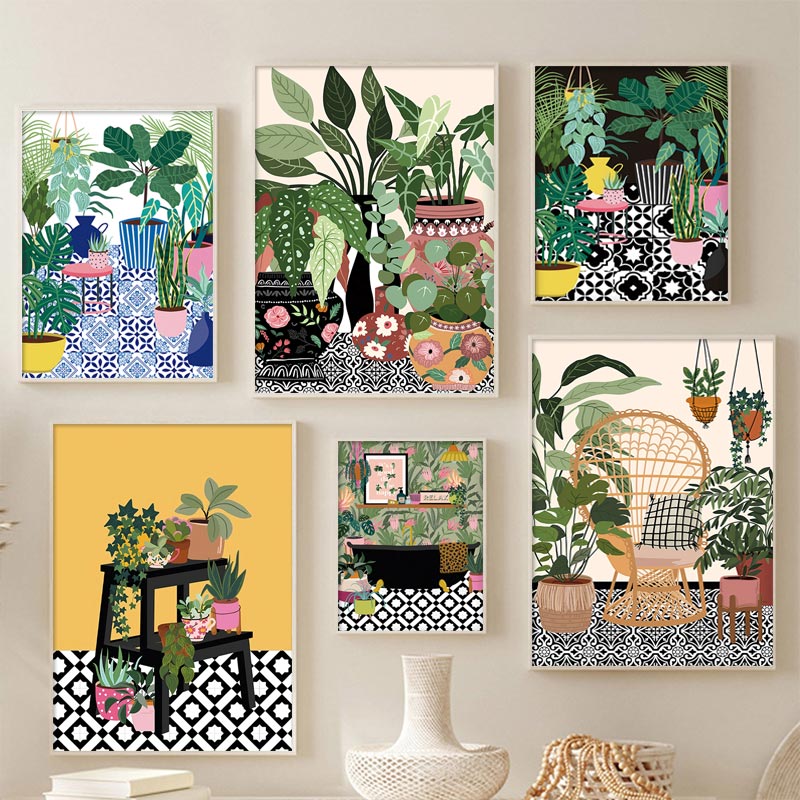 Affiche d'art de plantes de maison botanique de tuile grecque nordique, décor de feuilles vertes de Boho, image moderne d'art de mur, peinture de toile, décor à la maison n° 1