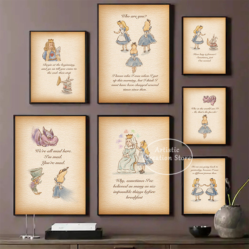 Affiche sur toile vintage Alice au pays des merveilles, illustration de livre, décoration murale dégradée, cadeaux esthétiques, décor de chambre d'enfant n° 1