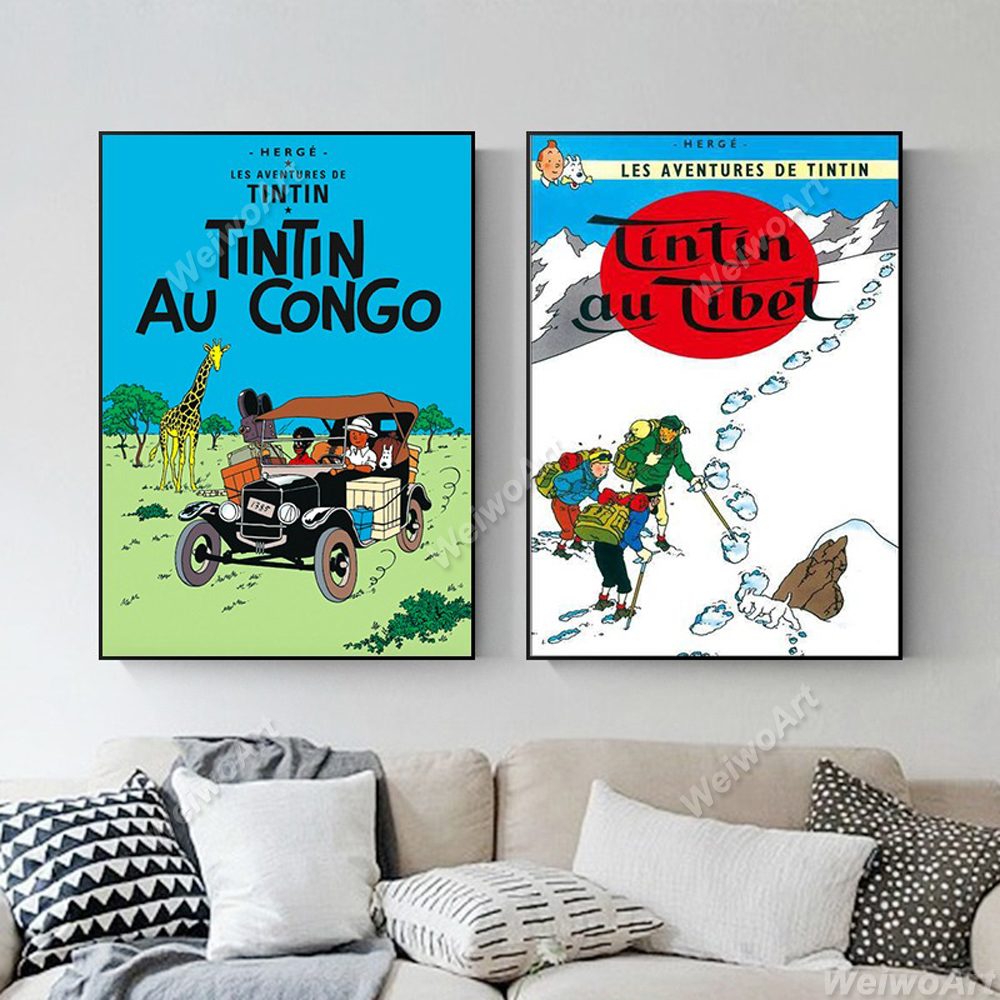 Affiche d'aventure de Tintins, désert de chameau, impressions d'art de bande dessinée de toile, image d'anime, chambre d'enfant, décor à la maison, peinture murale de bande dessinée classique n° 1